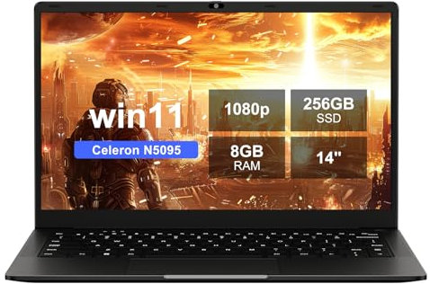 Ordenador Portátil 14 Pulgadas Celeron N5095 hasta 2,9 GHz Win11 8GB 256GB SSD Expansión 1TB 5G WiFi 1920x1080 FHD BT4.2 Mini HDMl USB 3.0 Portatil con Mouse Español Película - Negro Metal Ordenador