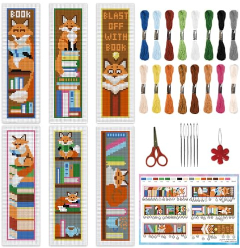 INFUNLY Lot de 6 marque-pages au point de croix avec instructions (français non garanti) - Motif renard - 20,3 x 6,1 cm - Pour débutants et amateurs de livres