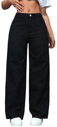 shownicer Jean Femme Taille Haute Wide Leg Jean Large Décontracté Baggy Jeans Boyfriend Droit Pantalon Jeans Streetwear A Noir L