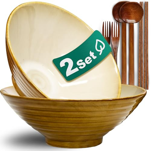 8-Inch 2 Sets Ceramic Ramen Bowl (8 Piece) - Japanese Porcelain Dishwasher Microwave Safe Salad Noodles Cereal Pasta Soup Large Bowls with Chopsticks Forks Spoons for Men Women Housewarming Gift