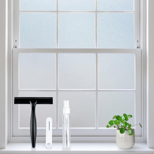 rabbitgoo Frosted Glass Window Privacy Film, No Glue, Anti-Glare Heat Blocking, Easy to Install, Renter Friendly Removable Opaque Bathroom Window Clings for Glass, 17.5 x 78.7
