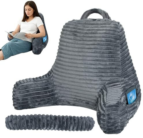 Lavio Reading Pillow for Bed Adult, Cuddle Cushion with Arms & Wrist Rest, Memory Foam Back Support Pillow with 3 Storage Pockets, Removable Washable Cover for Reading Gaming Watching TV