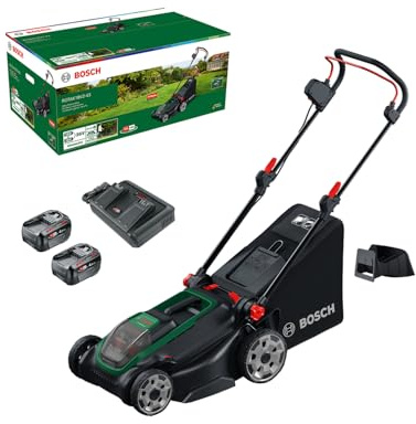 Bosch Tondeuse à Gazon sans-Fil ROTAK18V2-43 (Largeur de Coupe: 43 cm, Hauteur de Coupe: 30-75 mm, Sac de ramassage en Tissu de 50 l, Accessoire de Mulching, avec Deux Batteries 18 V et Chargeur)