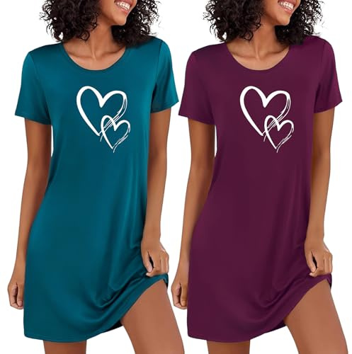 Marvmys 2 Piezas Camisones Mujer Agodón Verano Manga Corta | Lindo Impresión Corazón Suave Elegante Camisón