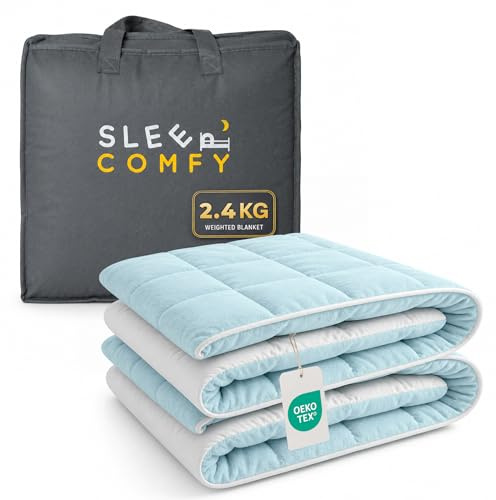 SLEEP COMFY Gewichtsdecke, 2.4 kg Therapiedecke für Stressabbau & Angstzustände, Hypoallergene Glasperlen, Weiche & Kühlende Baumwolle & Oeko-TEX (Blau, 90 x 120 cm)