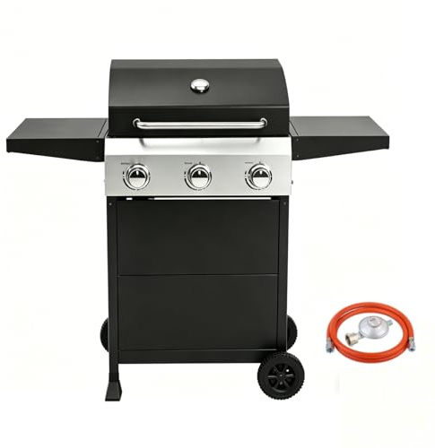 HOBBYZOO Gasgrill 3 Brenner, Camping Gasgrill 10,5 kW, Grillwagen mit Deckel & 50-mbar-Druckminderer, Gas Grill geeignet für Camping und Grillabende im Garten