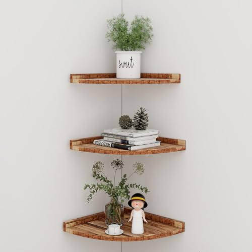 BREEZENEST 3 Piece Corner Shelf Set Floating Wall Shelves Made of Solid Pine Wood Thickened Floating Shelves for Bedroom Kitchen Living Room Bathroom Space Saving Wall Mounted Storage Wood