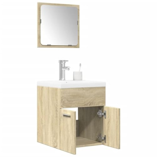 Yunovire 3-TLG. Badrumsmöbelset Sonoma-ek träbaserade material med tvättställ, inbyggt handfat och spegel 41 x 38,5 x 46 cm, förvaringsutrymme, tvättställsunderskåp, väggmonterat för badrum, gäster