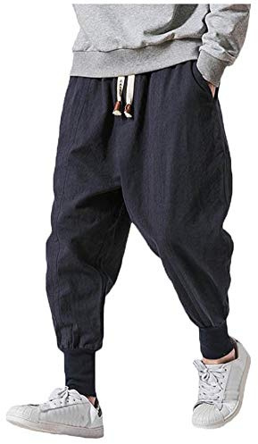 LifeHe Men Linen Drop Crotch Wide Leg Baggy Harem Pants