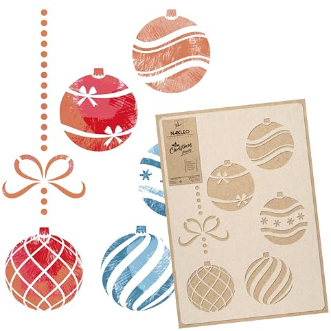 NAKLEO Plantillas de Navidad para Pintar 43x64cm, Bolas de Navidad Patrón, Stencil Navideñas Plástico y Reutilizable para Spray de Nieve y Dibujar, DIY Arte Decoración Ventana Puerta Pared Madera