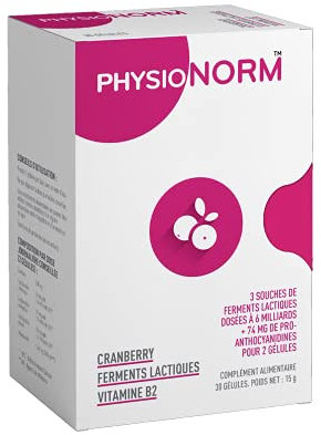 Physionorm Cranberry - Complement Alimentaire pour Femme Contre Infections Urinaires - Renforce la Flore Intestinale - Probiotique, Ferments Lactiques & Vitamine B2-30 gélules