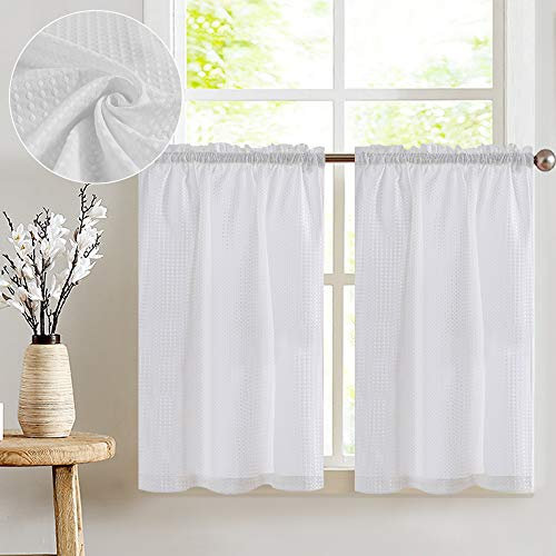 TOPICK Blickdicht Scheibengardinen Küche Weiß Bistrogardine mit Tunnelzug Gardinen Kurz mit Waffel Muster Halbtransparente Küchengardinen für Kleine Fenster Wohnmobil Landhaus 2er Set 90Bx90H cm