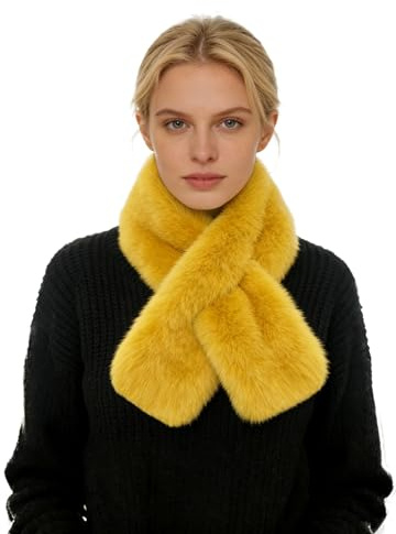 Lina & Lily Faux Fur Pull-Through Women's Winter Collar Scarf Neck Warmer Rectangle Fluffy (Mustard Yellow)