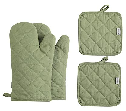 Set di 4 guanti da forno e presine, resistenti al calore, 500 gradi, extra spessi, lunghi, guanti da cucina in cotone per cucinare (30,5 cm, verde)