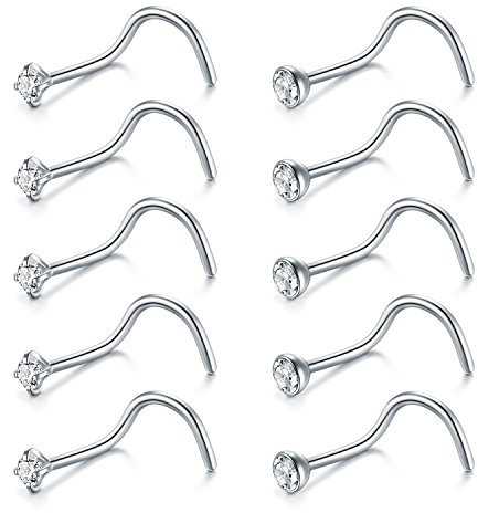 FECTAS 10pcs Nasenpiercing Schraube Nasenstecker 18G Korkenzieher Nasenpiercing Schmuck Chirurgenstahl 2mm Diamant Silber Nostril Piercing Schmuck