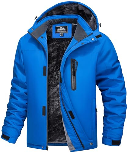 MAGCOMSEN Men's Waterproof Jacket Windproof Ski Coats Fleece Warm Winter Outdoor Thermal Coat With Hood Blue,L
