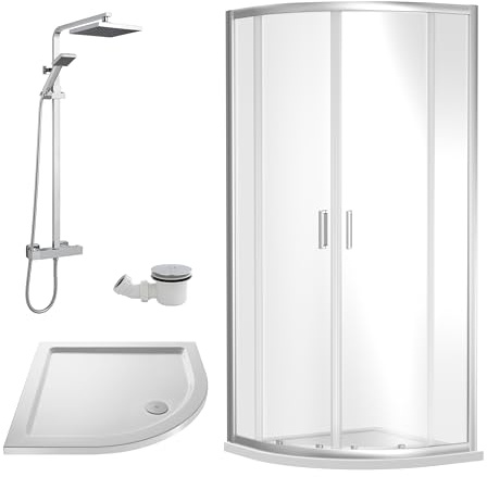 Balterley Quadrant Shower Enclosure with Quadrant Tray, Waste & Thermostatic Shower Kit, 6mm Toughened Safety Glass Door, Bar Handle Sliding Glass Door, Square Showerhead & Handset (Chrome)