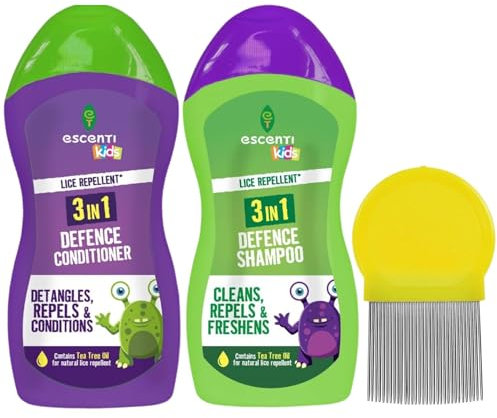 Escenti Kids 3 in1 Head Lice Prevention Shampoo and Conditioner set bundled with Metal tooth Nit Comb