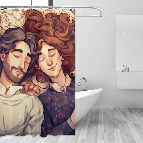 ZGDPBYF Duschvorhang, wasserdicht, gemütlich, Jugendstil, Schlafpaar, Badezimmer-Vorhänge mit 12 Haken, 240 x 180 cm (B x H)