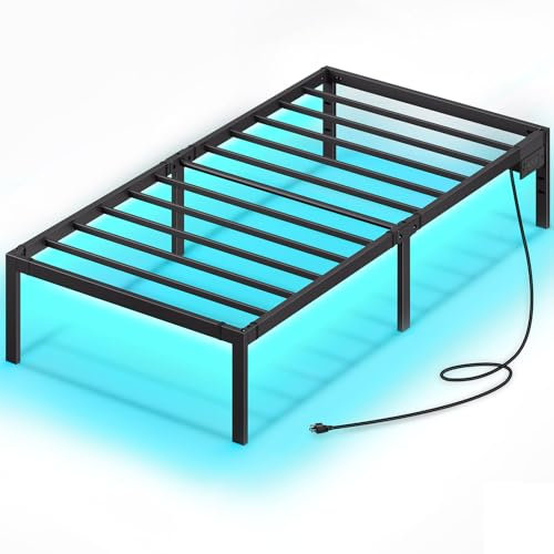 Rolanstar Bettgestell 90 x 200 cm, Einzelbett mit LED, USB Ladestation, Metallbett mit robusten Stahllatten, 31 cm Stauraum unter dem Bett, perfekt für Schlafzimmer Gästezimmer
