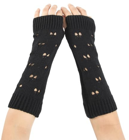 CABODYALS 2 par svarta grunge-handskar älva virkade fingerlösa handskar vinter mjuka stickade tumhål handarmvärmare rippade handskar stickade handledsvärmare vantar för kvinnor unisex skriva körning