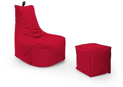 Nadimaideal Gamer Sitzsack Komfort XL - XXL für Kinder, Teenager & Erwachsene | Indoor & Outdoor | Sitzsack Gaming | Füllung EPS Perlen (Rot, Sitzsack XXL mit Hocker)