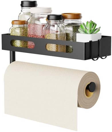 Paper Towel Holder Wall Mount for Kitchen, Paper Towel Holder with Shelf for Bathroom, RV Paper Towel Rack, Spice Rack with 2 Hooks,Matte Black