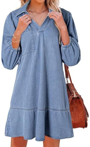 Dokotoo Women's Dress Cute Short Sleeve Summer Dresses for Women 2026 Fashion Casual Loose Babydoll Denim V Neck 3/4 Puff Sleeve Jean Dress Beau Blue Medium