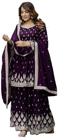 TRENDMALLS Ensemble de costume Kurta Sharara plissé en soie pour femme avec dupatta Salwar