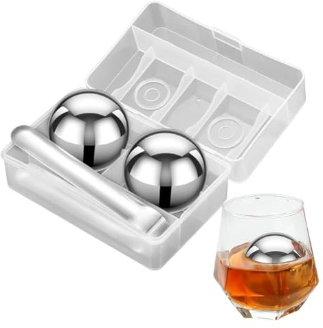 Lot de 2 glaçons réutilisables en acier inoxydable de 55 mm | Boules rondes en acier | Ensemble de boules avec boîte de rangement | Pierres à congélation rapide | Grandes pierres de refroidissement