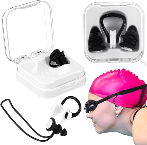Soulchen 2 Set Nose Plugs Ear Clip for Swimming for Adults Silicone Waterproof Swim Nose Clip Earplugs with String for Adult Beginner Swimming Training Supplies
