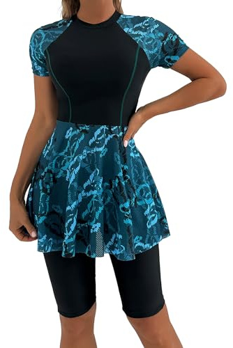 Odizli Swim Dresses Women Short Sleeve Swimdress Ladies Swimming Costume with Shorts Skirt Two Piece Tummy Control Skirted Swimsuit Summer Modest Swimwear Burkini Bathing Suit Beachwear Green L
