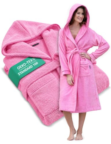 ELEVAVIDA Peignoir de Bain Femme en Coton douillet 400 g/m2 avec Capuche - robe de chambre femme extra doux et confortable - taille XS/S/M/L/XL - peignoir de bain sauna en éponge certifié OEKO-TEX
