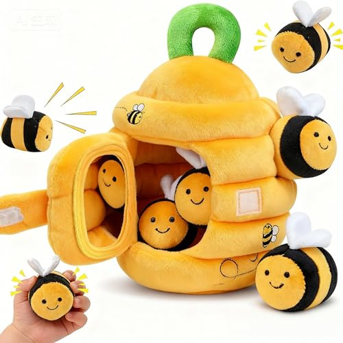 DiiWmme Baby Sensory Toys 6-12 Months, Soft Beehive with 5 Textured Bees, Montessori Learning Toy with Crinkle, Squeaker and Mirror, Toddler Travel Gifts for Boys and Girls 0-3 Years (Honeycomb)