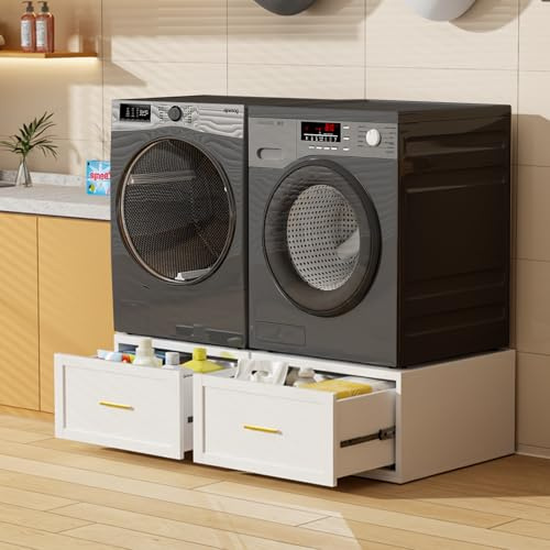 Qxdyt 2 Pack Laundry Pedestal with Drawers, Metal Washer Dryer Pedestal Set of 2, 16''H 880 LBS Metal Heavy Duty Laundry Stand, Washer Dryer Pedestal Stand Base with Drawer Storage- White