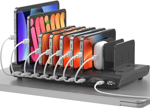Alxum Stazione di Ricarica USB 10 Porte 120W, Caricatore Multiplo con Display LED, 8 Porte USB-C e 2 USB-A, Porta PD 65W e QC 3.0 Ricarica Rapida per iPhone, iPad, Tablet, Laptop, Ufficio, Scuola