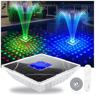 LanBlu Fuente Solar con Espectáculo de Luces, 24 * 24CM Fuente Flotante para Piscina con Ancla, 7 Modo de Iluminación Fuente Solar Jardin Exterior, Flotante Fuentes Solars para Estanque Piscina