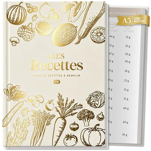BIROYAL Carnet de Recettes à Remplir, Cahier de Recettes à Remplir, Papier 120g Anti-Traversant - Format A5, 100 Recettes 2 Pages Chacune, Avec Tableaux Conversion, Cadeau Pour Passionnés de Cuisine