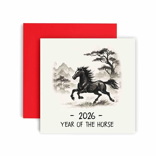 Huxters 2026 Lunar New Year Greeting Card, Year of the Horse Design, Red and Gold Premium Card with Envelope, Traditional Chinese Festival Celebration (Ink Wash)