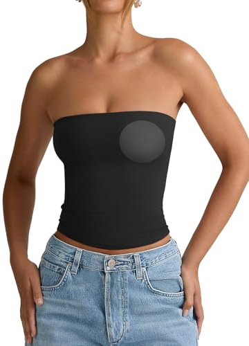 PINKMSTYLE Womens Padded Tube Top with Bulit in Bra Strapless Bandeau Tops Double Lined Cute Going Out Tank Tops Black Small