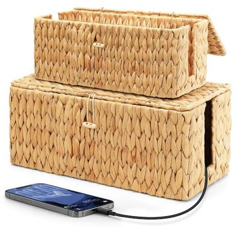 CEWROM Juego de 2 cajas para cables hechas a mano de jacinto de agua con enchufe múltiple con tapa, organizador de cables con abertura lateral, para la oficina, el hogar