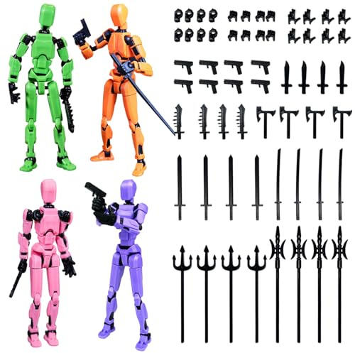 HTTDSLF 4 PCS T13 Action Figurine, T13 Figurine articulée Set (Assemblage terminé), 3D Imprimé Multi-Articulées, Décorants de Bureau pour Les Amateurs de Jeu Toys (Orange, Rose, Violet, Vert)