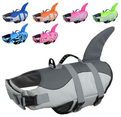 CITÉTOILE Dog Life Jacket Shark Costume, Puppy Safety Vest for Swimming Pool Beach Boating, Training Flotation Vest with Rescue Handle & Reflective Strips for Dogs, Grey, XS