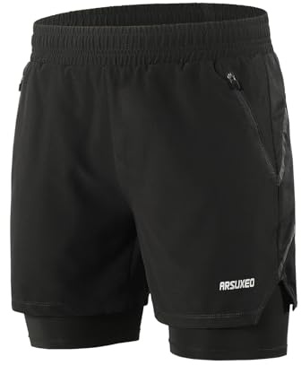 ARSUXEO Pantalones Cortos de Correr para Hombre 2 en 1 Pantalones Cortos de Gimnasio con 2 Bolsillos con Cremallera B191 Negro M