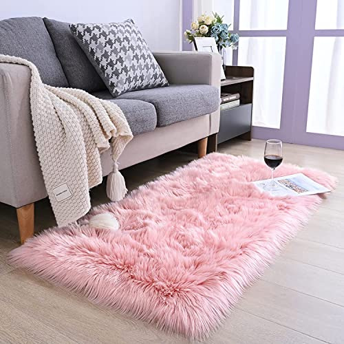 HEQUN Faux Fur Sheepskin Style Rug Faux Fleece Chair Cover Seat Pad Soft Fluffy Shaggy Area Rugs For Living Room Bedroom Sofa Floor(pink,Rectangle 50 X 150 CM)