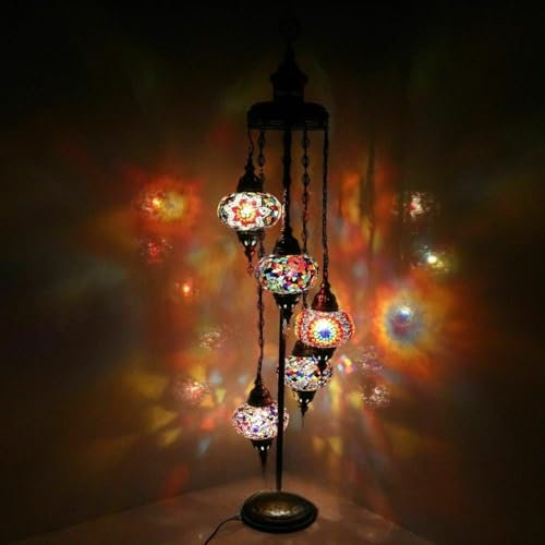 Enva Lampada da terra a mosaico marocchino turco, a forma di mosaico in vetro fatto a mano, multicolore Tiffany, lampada da terra, 5 grandi globi con lampadina a LED