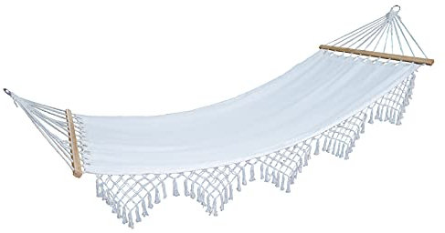 SVITA Luxushängematte mit Schmucksaum Boho Holzrahmen Macramé Baumwolle Beige