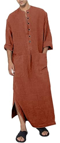 YAOHUOLE Long Sleeve Mens Kaftan Thobe Button Up Arabic Robes for Men Side Split Kaftan Brick Red L