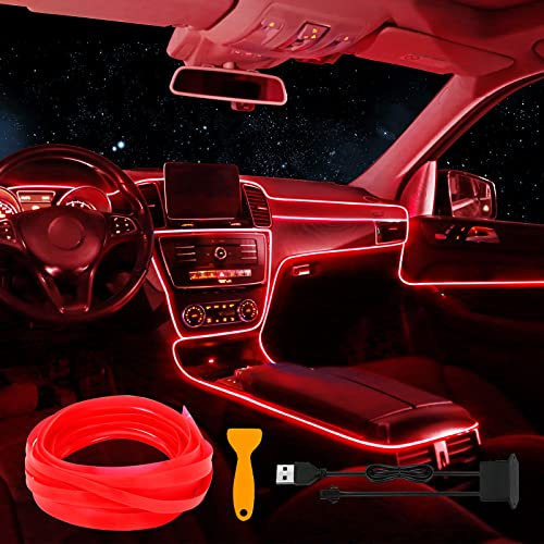 EL Wire Car LED Interior Strip Light, USB Neon Lights with 6mm Sewing Edge - 197 inches Glowing Electroluminescent (EL) Wire, Ambient Lighting Kit for Car Decorations (5M/16.5FT, Red)
