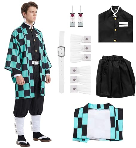 Alaiyaky Tanjirou Costume De Cosplay Avec Boucles D'oreilles, Kimono Halloween Veste Anime Manteau Tenue Pour Adultes Et Enfants (Petit, Cosplay 1)